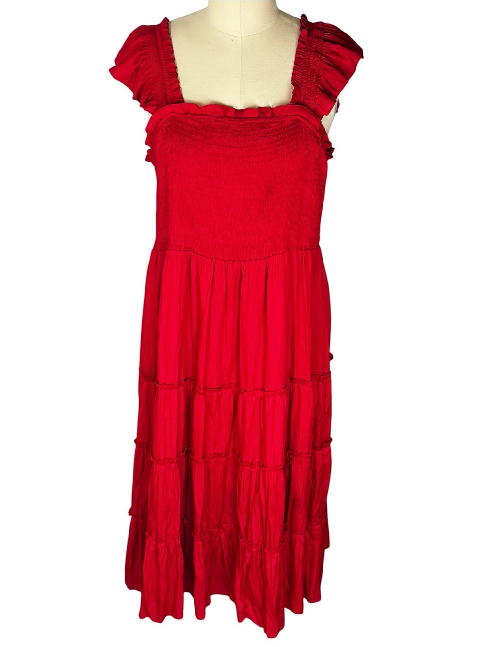 Skies Are Blue Red Smocked Tiered Maxi Dress 1X Plus Size Flutter Sleeve NWOT